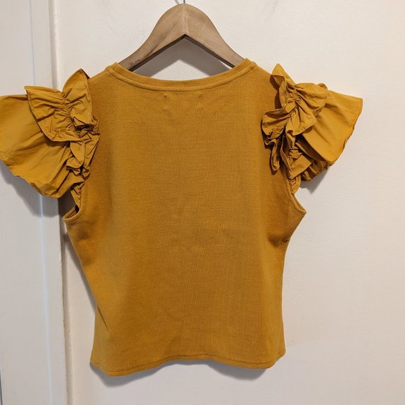 Anthropologie Mustard Yellow Flutter Sleeve Ribbed Knit - Picture 9 of 10
